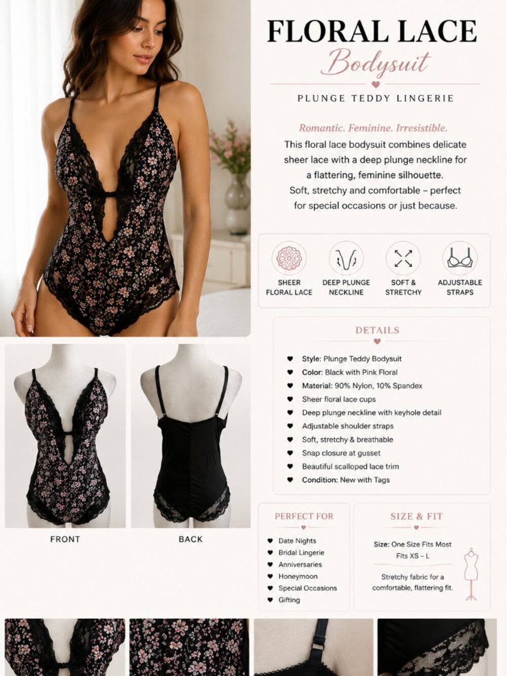 Womens Floral Lace Bodysuit Black Sheer Lingerie Plunge Teddy Intimates